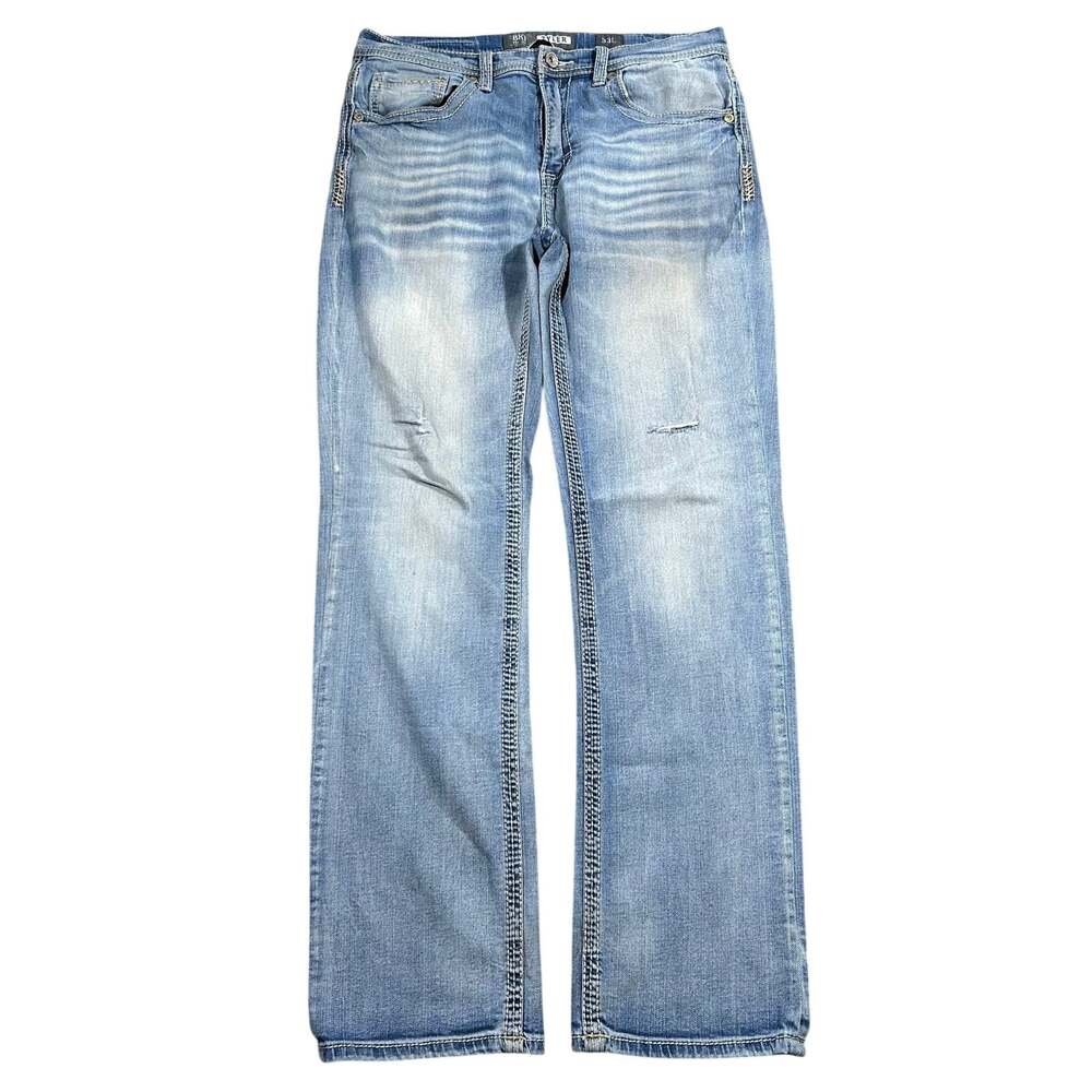 BKE Buckle Tyler Jeans 33x32 Stretch Straight Leg Light Wash Distressed Denim